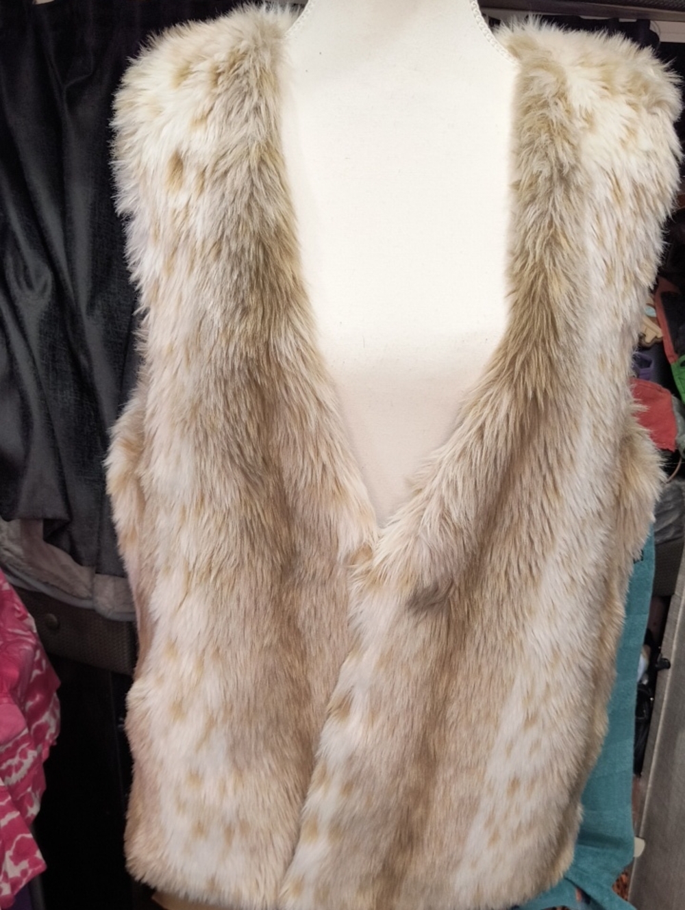 Grace Elements Faux Fur Vest in Cream and Tan, Large